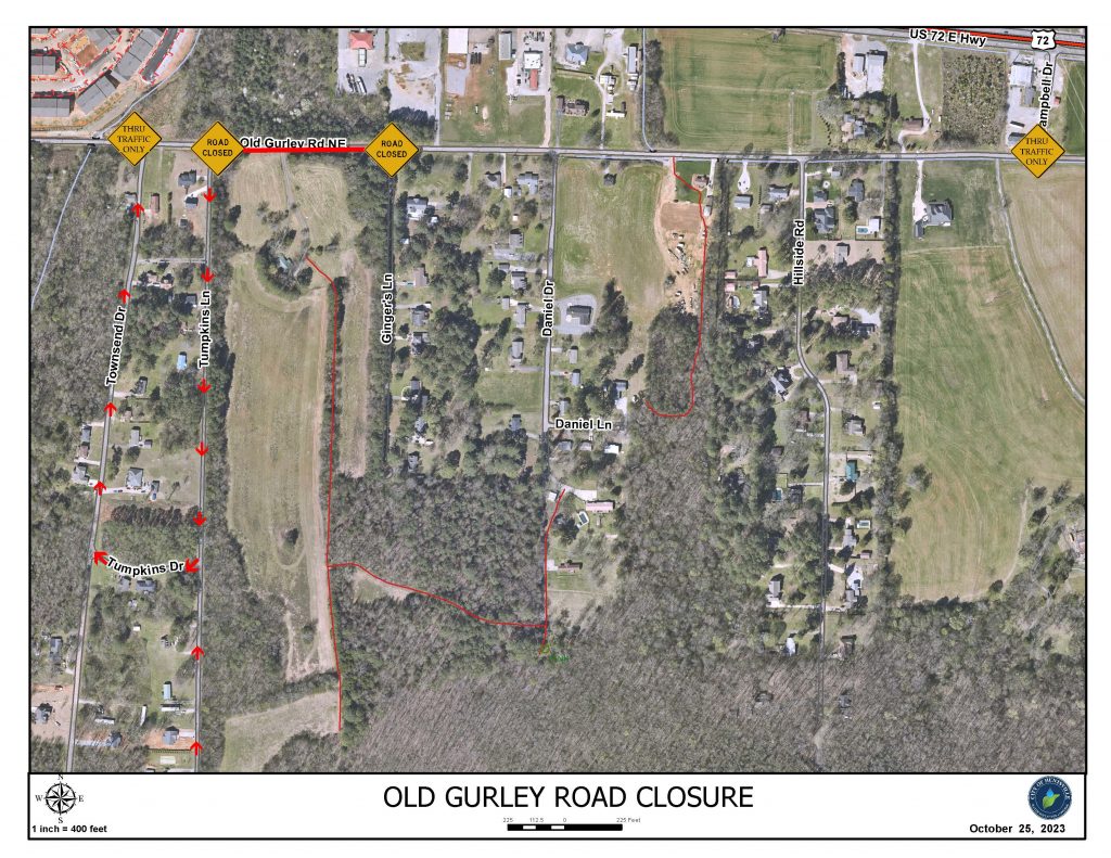 A map depicting a planned road closure on Old Gurley Road.