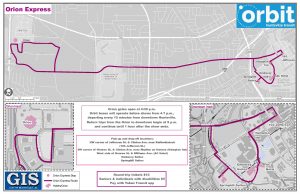 A map depicting the route of the Orion Express shuttle service.