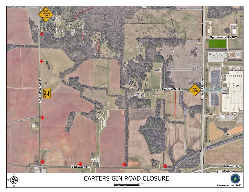 A map that shows a planned road closure at the intersection of Carters Gin Road and Pulaski Pike