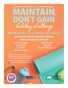 A graphic promoting the Maintain Don't Gain holiday challenge. The background is orange and the text is green. There is also an exercise mat, water bottle and running shoes in the photo.