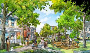 A rendering of the future Mill Creek development in Huntsville. There are children on a playground, a woman walking her dog. Trees and houses are also seen in the rendering.