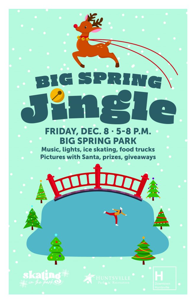 A poster promoting the Big Spring Jingle with graphics of a reindeer, pond and red bridge