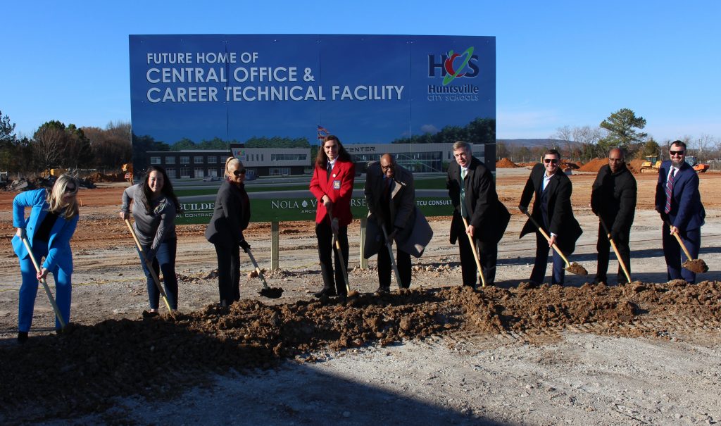 Mayor Tommy Battle and Huntsville City Schools officials break ground on a new Central Office and Career Technical Facility