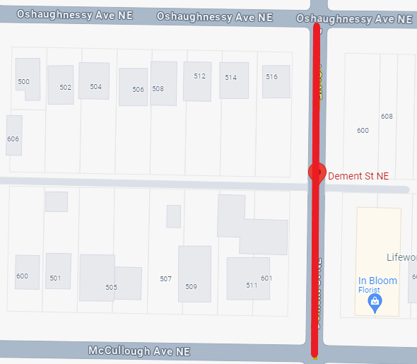 A map showing a planned closure of Dement Street in Huntsville.
