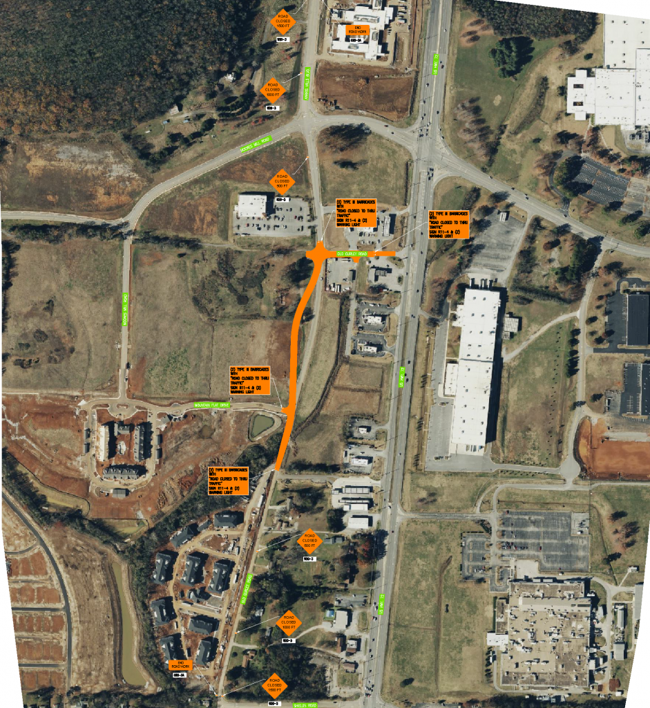 A map showing a planned closure of Old Gurley Road in Huntsville