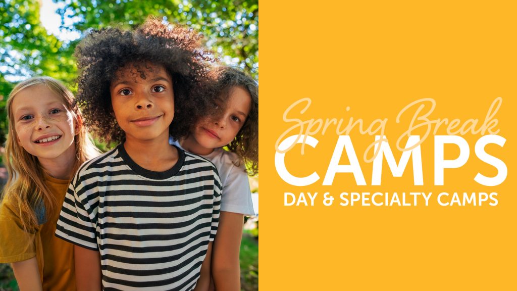 A graphic showing a diverse group of children. To the right it says Spring Break Camps.