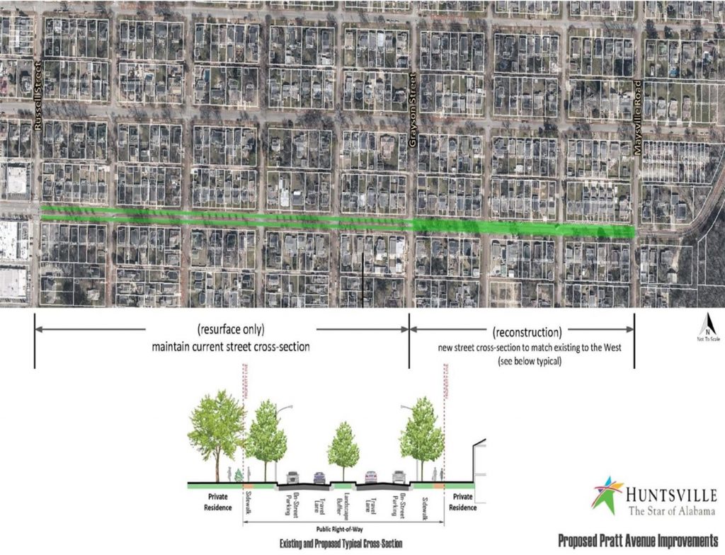 A map showing planned streetscape improvements on Pratt Avenue in Huntsville.