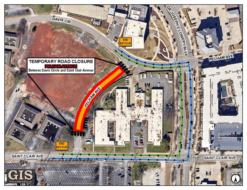 A map showing a planned closure on Pelham Avenue