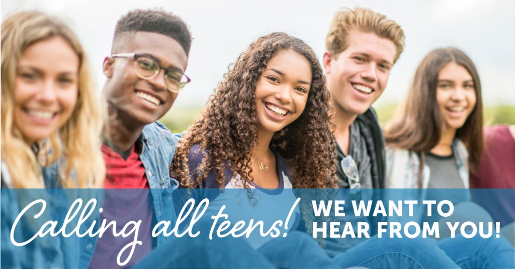 A graphic promoting a teen survey. There are five smiling teens pictured, two are Black and three are white.