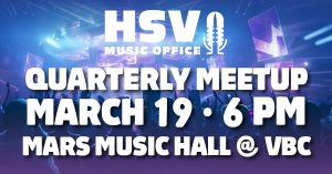 A graphic promoting the Huntsville Music Meetup on March 19. The background is purple and the type is white.