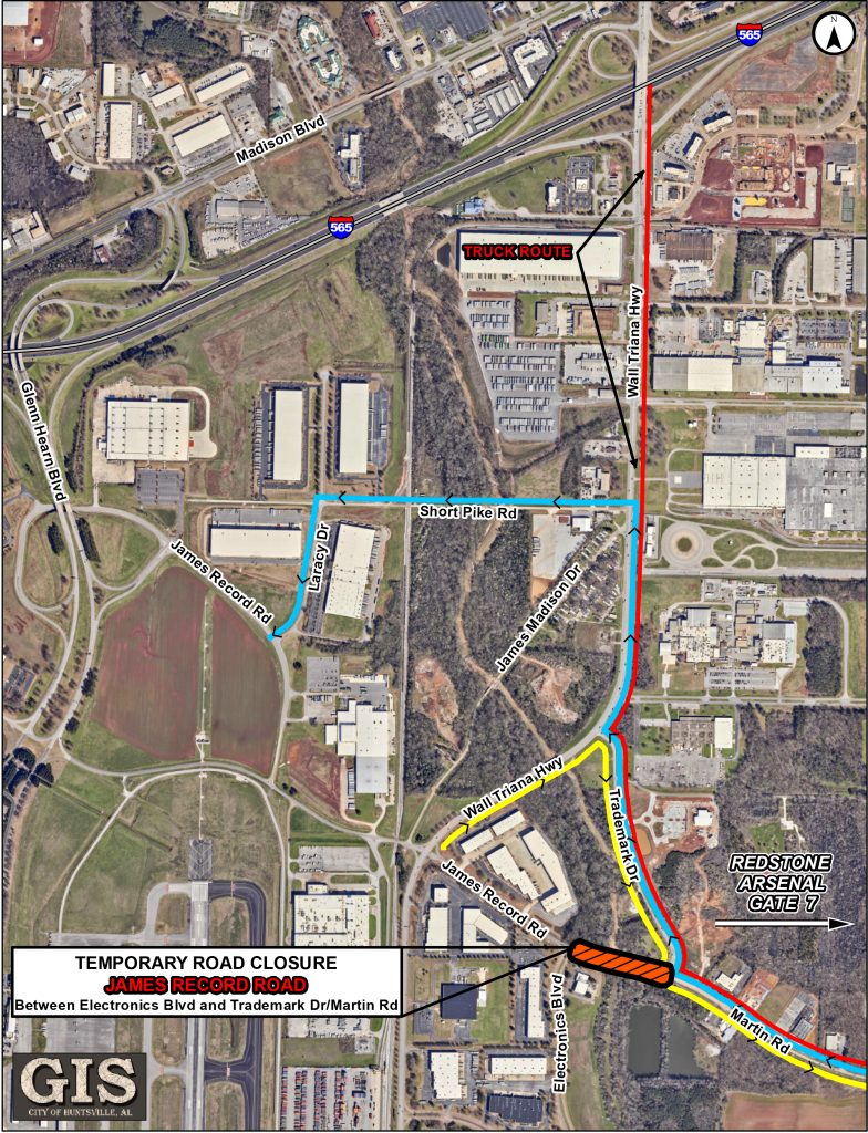 map showing red, yellow and blue lines outlining detour routes for cars