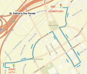 A map showing the route of the St. Patrick's Day Parade.