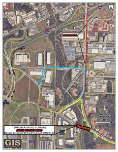 aerial image showing detour routes around construction zone
