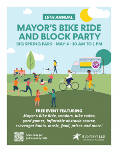 A flyer promoting the 15th annual Mayor's Bike Ride & Block Party. There are cartoon people doing various things on a lawn with trees and clouds in the background.