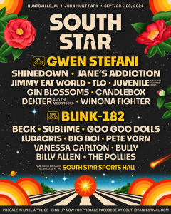 A poster detailing the lineup for the inaugural South Star Music Festival in Huntsville. It's very colorful with flowers in the corners and space imagery in the background.