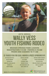 A poster promoting the upcoming youth fishing rodeo. There's a child holding up a fish in one hand and holding his fishing rod in the other.