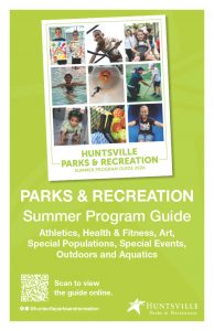 A graphic promoting the Summer 2024 Parks & Recreation Program guide. The background is olive green and there is a cover of the program guide featuring various photos of children having fun at Kids Space.