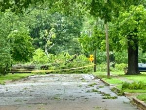 Police tape is seen between two trees to prohibit traffic following strong storms near downtown Huntsville.