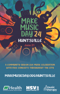 a poster advertising make music day huntsville. there are numerous instruments visible and verbiage in the center and below.