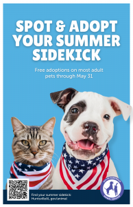 A poster featuring a dog and cat wearing American flag bandanas as part of an adoption campaign