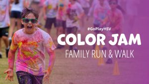 A graphic promoting the Color Jam Family Fun Run & Walk. There is a child covered in colored powder running and a group of runners behind him.