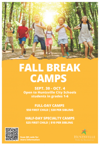 A poster promoting Fall Break Camps. There are children running toward the camera with the sun in the background. They are wearing backpacks.