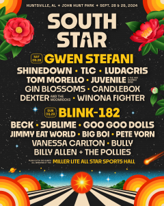 A graphic showing the names of the people to perform at the inaugural South Star Festival. There are flowers visible as well as shooting stars and stars.