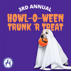 Poster of a dog wearing a ghost costume with a plastic jack-o-lantern bucket in his mouth standing in front of a purple background with the words "3rd Annual Howl-o-Ween Trunk R Treat" and the Huntsville Animal Services logo