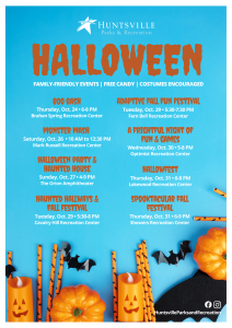A graphic showing the dates, locations and times for upcoming Halloween events at Huntsville recreation centers. There are pumpkins, bats and other Halloween-themed imagery visible