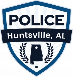 Huntsville Police Department logo featuring a police badge design with the words "Police" and “Huntsville, AL” and an emblem, symbolizing law enforcement and public safety.