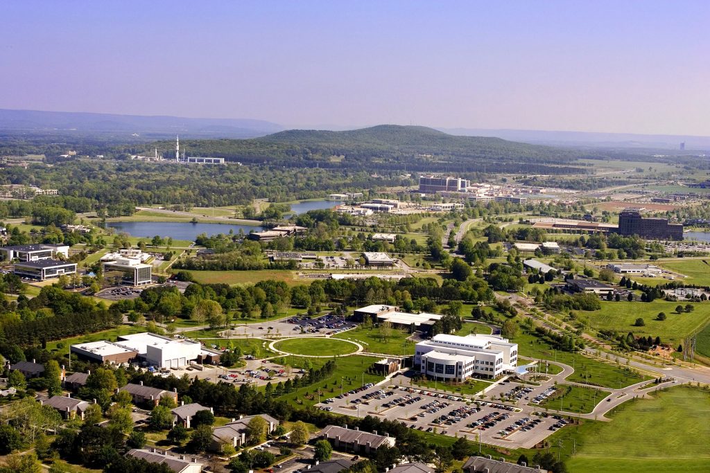 aerial image of buildings in a corporate park
