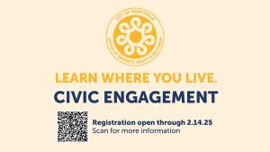 A graphic promoting the Civic Engagement Academy with a QR code that leads to the application page.