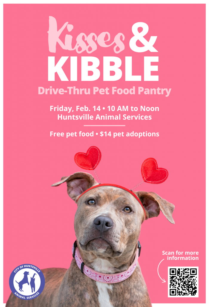 a graphic that says Kisses and Kibble Drive Thru Pet Pantry with a pit bull mix below.