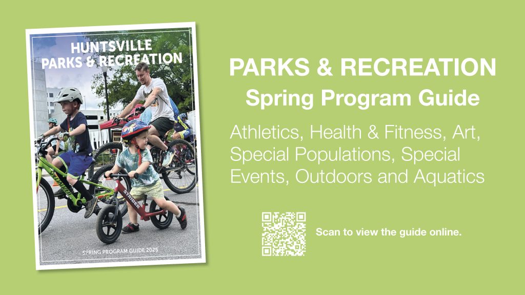 A graphic promoting the spring program guide. There is a photo of the cover, which features riders in the Mayor's Bike Ride. And a QR code to the guide.
