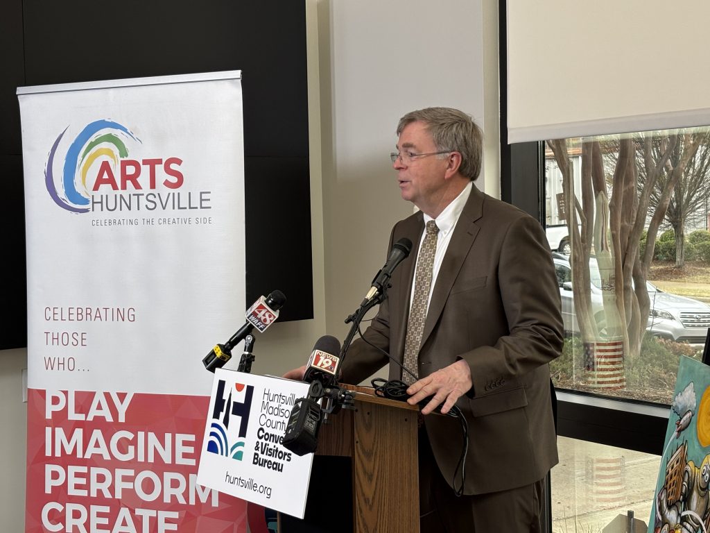 Mayor Tommy Battle delivers remarks Thursday, March 20, at the 2025 Panoply Festival at the Huntsville-Madison County Convention & Visitors Bureau.