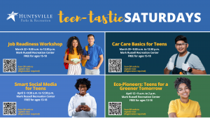 a graphic promoting Teen-Tastic Saturdays at Mark Russell Recreation Center. There are four different images representing each session. Job readiness. car care, social media and eco-friendly.