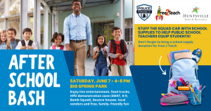 After School Bash promotional graphic which features a photo of a teacher and students smiling and walking, along with information on the event