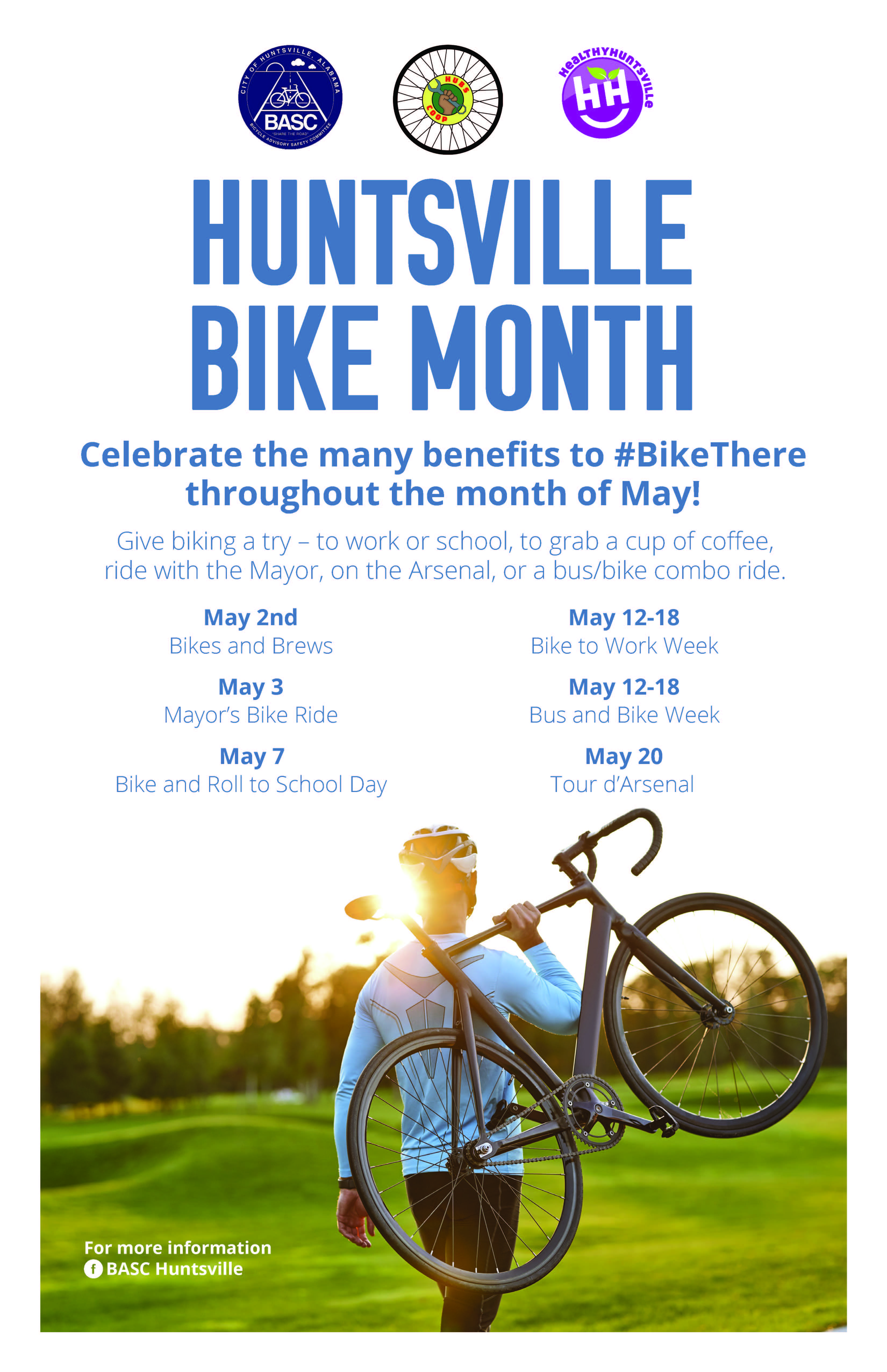 Huntsville Bike Month poster detailing the month-long celebrations