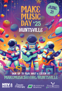 Colorful poster promoting Make Music Day '25 featuring astronauts playing in a band and information on how to get involved