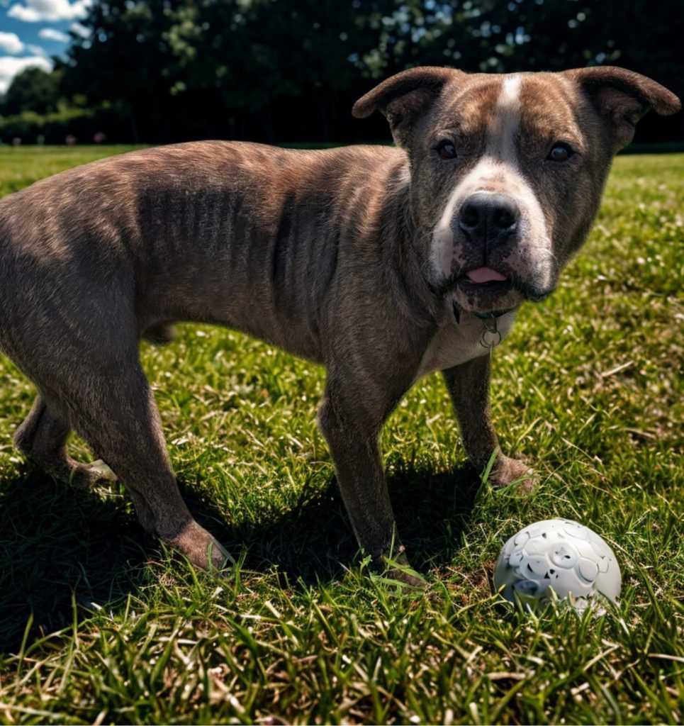 Photo of gray, brown and white pit bull mix dog named Scuba playing with a ball