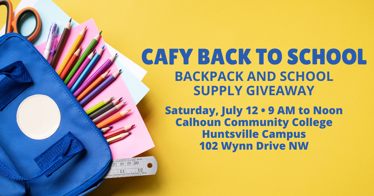 Yellow graphic with photo of backpack and school supplies with the details of the 2025 CAFY Back to School Backpack and School Supply Giveaway event