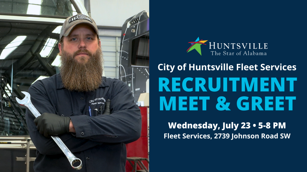Graphic with photo of Heavy Equipment Technician II Adam Sharpe promoting the Fleet Services Recruitment Meet and Greet event on July 23