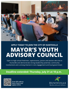 Blue and green flyer promoting the Mayor's Youth Advisory Council featuring a photo of the Mayor meeting with students 