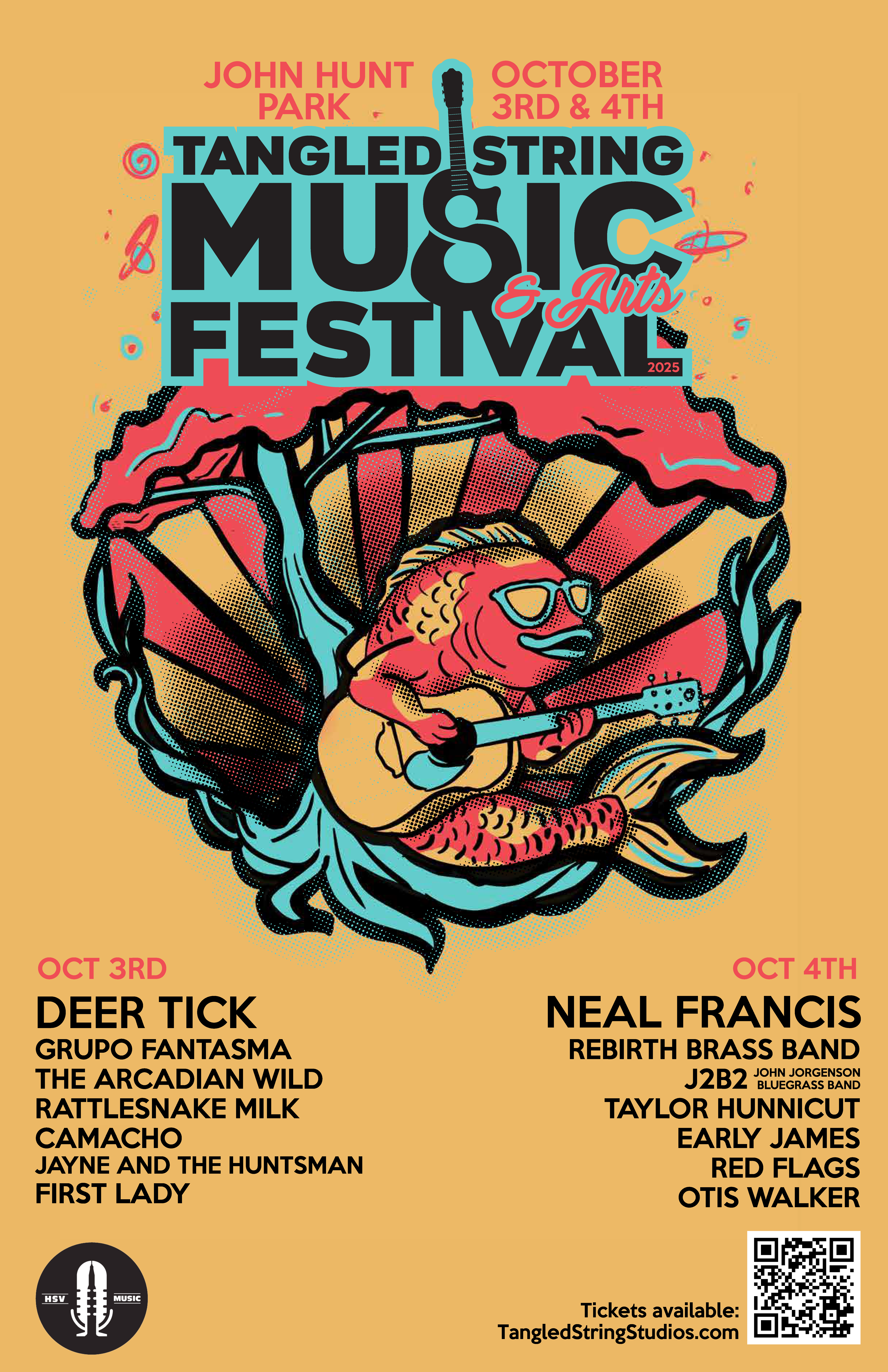 Yellow poster with blue, red and black graphic of fish playing a guitar and information on the Tangled String Music & Arts Festival on October 3-4, 2025