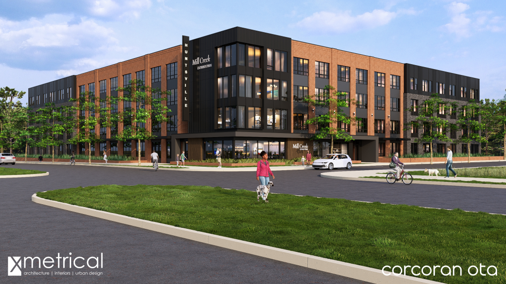 rendering of large brown-colored building in neighborhood