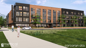rendering of large brown-colored building in neighborhood