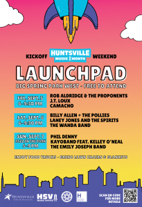Music festival poster with pink to yellow gradient background and graphics depicting a purple and blue spaceship taking off into the sky with a purple Huntsville skyline below