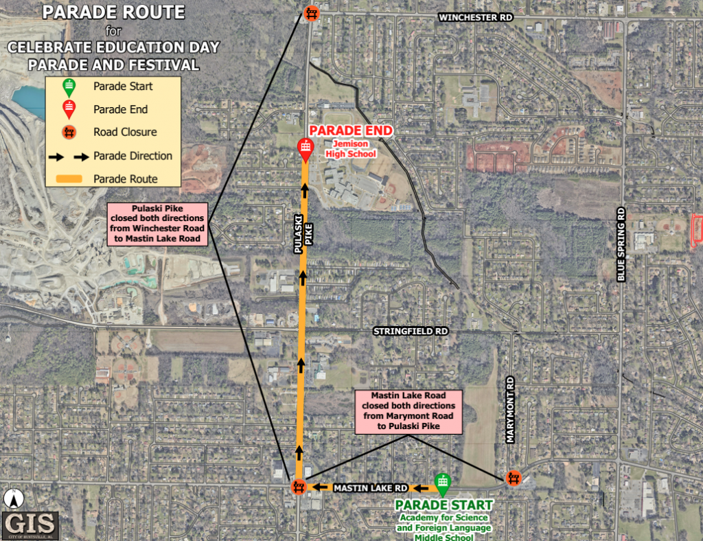 Map of parade route for the 2025 Celebrate Education Day Parade and Festival