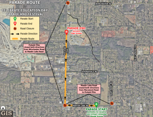 Map of parade route for the 2025 Celebrate Education Day Parade and Festival