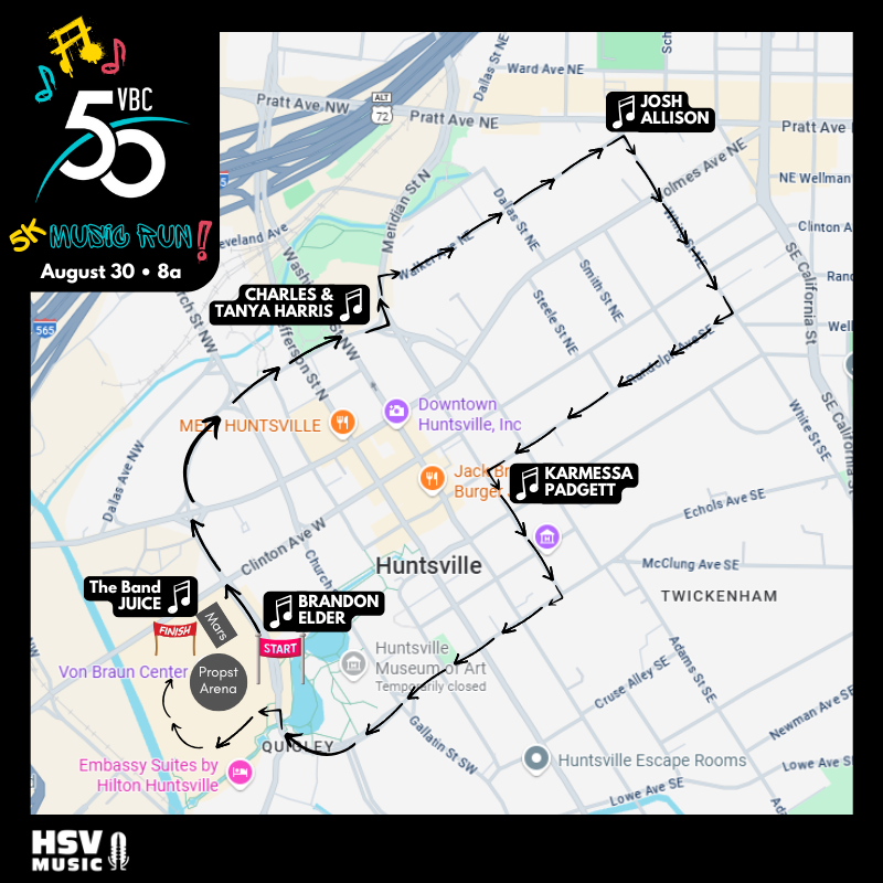 Map showing the route for VBC's 2025 5K Music Run